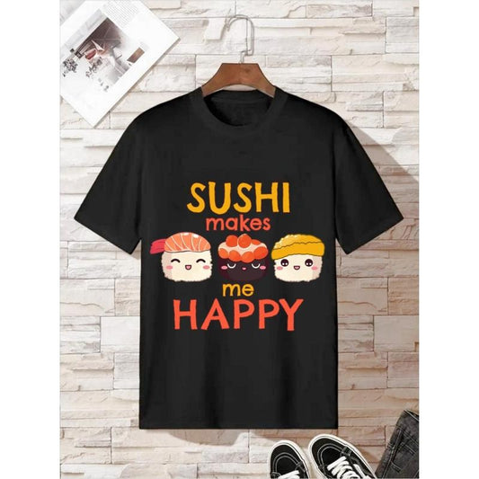 Men's "Sushi makes me happy" letter printed T-shirt, casual and comfortable slightly elastic round neck T-shirt, summer outdoor men's wear Made in USA