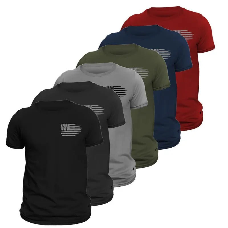 Men's American Flag Front Heart Side T-Shirt 6 Pack Classic Crewneck Tee Casual Cotton