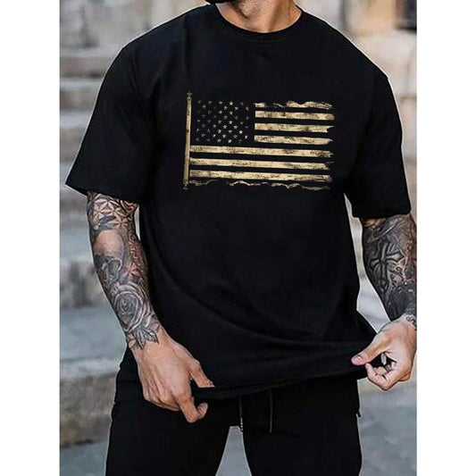 Men's American Flag Print Crew Neck Short Sleeve Casual T-Shirt, Summer Made in USA