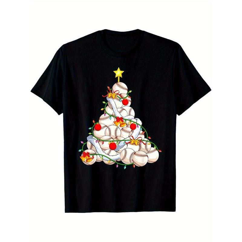 Men's Baseball Christmas Tree Graphic Tee - Soft Cotton, Breathable & Comfortable Casual T-Shirt for Daily Wear made in usa