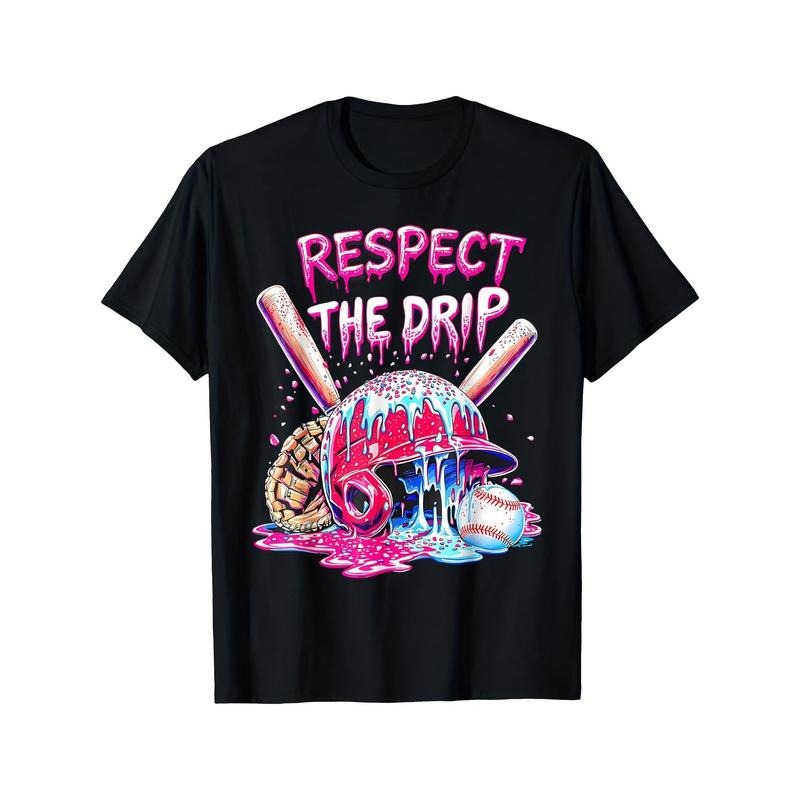 Men's Baseball Home Plate Drip Graphic T-Shirt with Sprinkles & RESPECT THE DRIP Design - Black Casual Short Sleeve Tee, Regular Fit, Machine Washable
