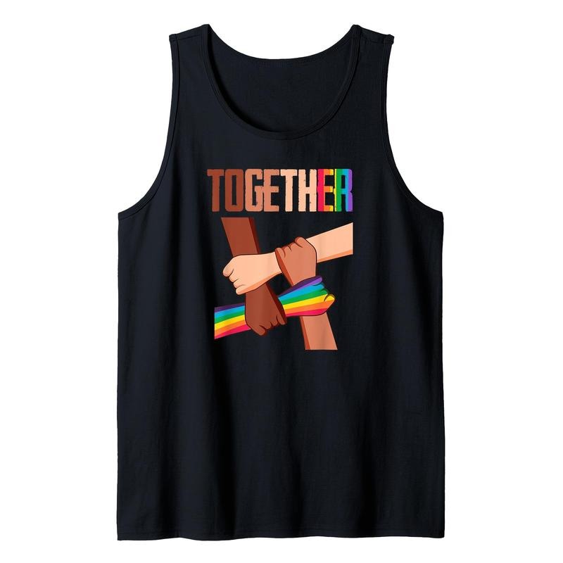 Men's Black Athletic Tank Top with Rainbow Hands Graphic - "Together" Design, Breathable Cotton Blend, Sleeveless Casual Sportswear for All Seasons, Perfect Gift for Family & Friends, Made in USA, Allseason Wear | Graphic Tank Top | Comfortable Fit