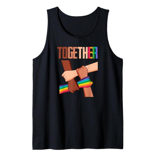 Men's Black Athletic Tank Top with Rainbow Hands Graphic - "Together" Design, Breathable Cotton Blend, Sleeveless Casual Sportswear for All Seasons, Perfect Gift for Family & Friends, Made in USA, Allseason Wear | Graphic Tank Top | Comfortable Fit