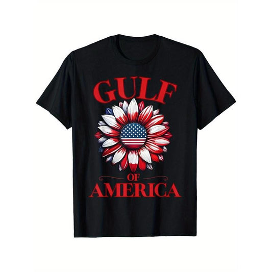 Men's Black Gulf of America Graphic T-Shirt, 100% Organic Cotton, Casual Crewneck with Bold "GULF OF AMERICA" Print & American Flag Sunflower Design, Regular Fit for Summer Parties, Outdoor Activities & Patriotic Events, American Flag Clothes Made in USA