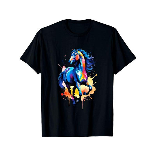 Men's Boho-Chic 100% Cotton T-Shirt with Colorful Horse Print - Casual, Breathable & Comfort Fit for Summer made in usa