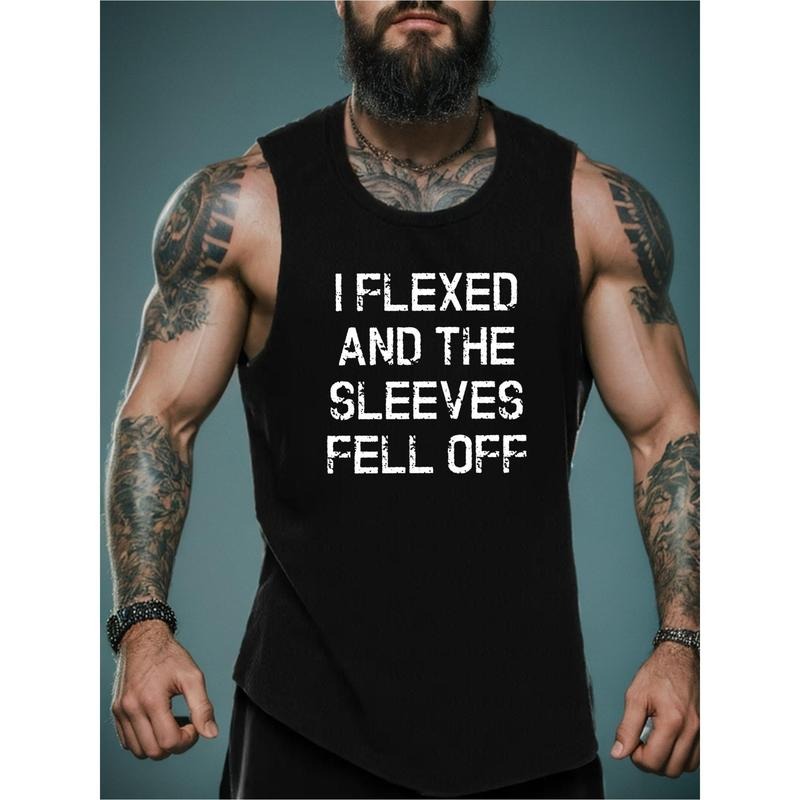 Men's Breathable Cotton Sleeveless Vest - "I Flexed and the Sleeves Fell Off" Funny Graphic Print, Casual Round Neck Sports Tank Top for Summer, Black with White Text, Lightweight & Comfortable for Fitness or Casual Attire,  Workout Shirts
