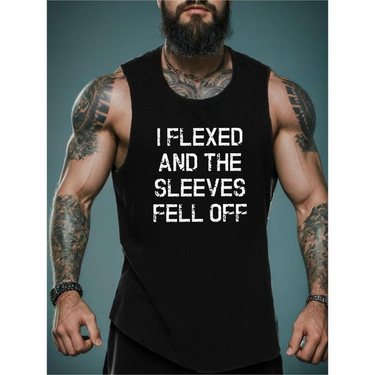 Men's Breathable Cotton Sleeveless Vest - "I Flexed and the Sleeves Fell Off" Funny Graphic Print, Casual Round Neck Sports Tank Top for Summer, Black with White Text, Lightweight & Comfortable for Fitness or Casual Attire,  Workout Shirts
