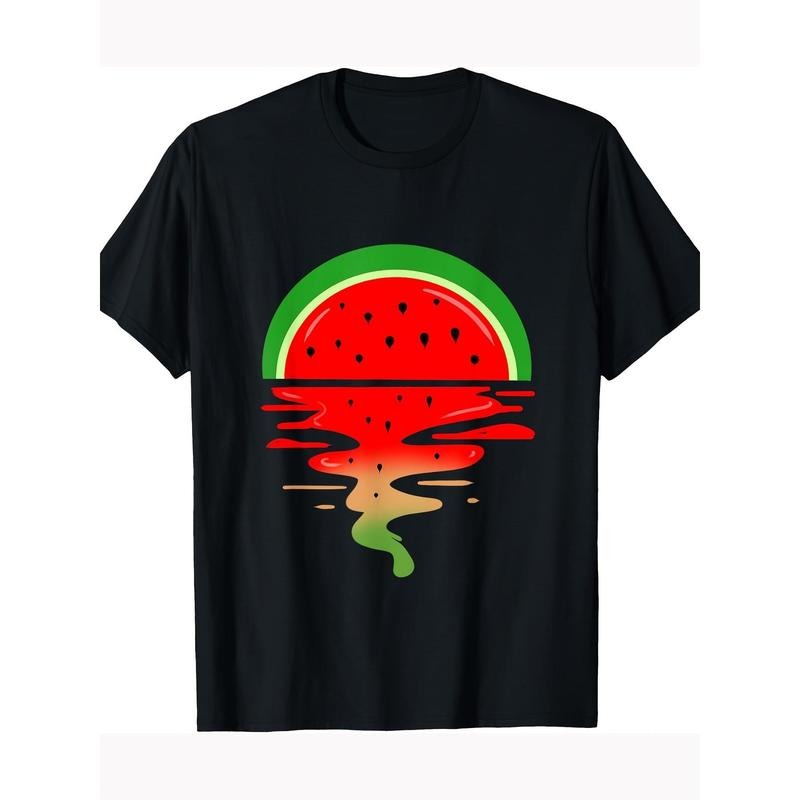 Men's Breathable Cotton T-Shirt with Watermelon Sunset Print - Soft, Sweat-Absorbent & Comfort Fit for Summer made in usa