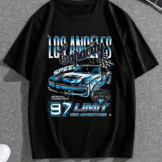 Men's Cartoon Car Graphic Print Round Neck Tee, Streetwear, Men Summer Top T-shirt