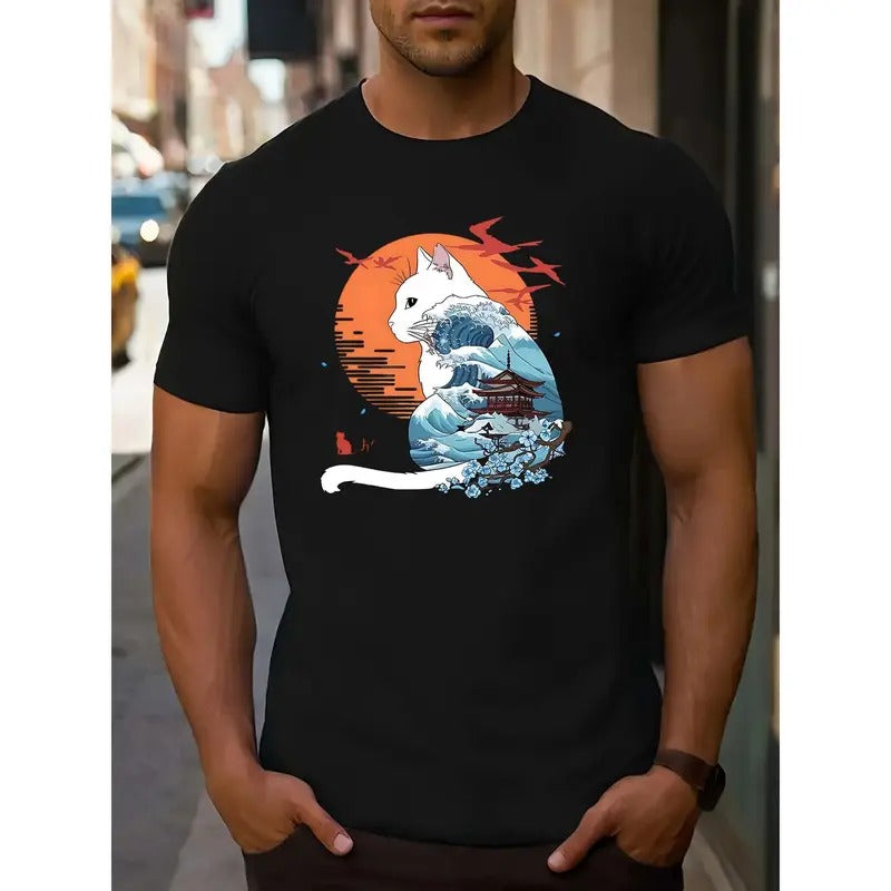 Men's Casual  Crew Neck T-Shirt with Kitsune Graphic Print, Slight Stretch Knit Fabric, Regular Fit, Patterned Casual Style Top MADE IN USA