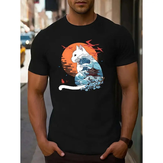 Men's Casual  Crew Neck T-Shirt with Kitsune Graphic Print, Slight Stretch Knit Fabric, Regular Fit, Patterned Casual Style Top MADE IN USA