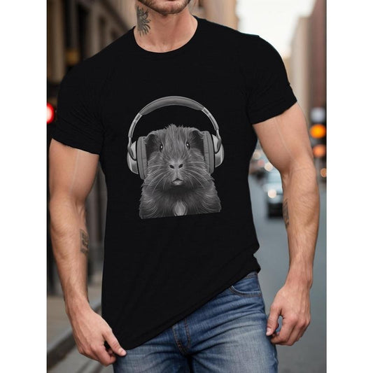 Men's Casual Guinea Pig with Headphones Graphic Tee - Soft Polyester, Short Sleeve, Round Neck - Perfect for Summer made in usa
