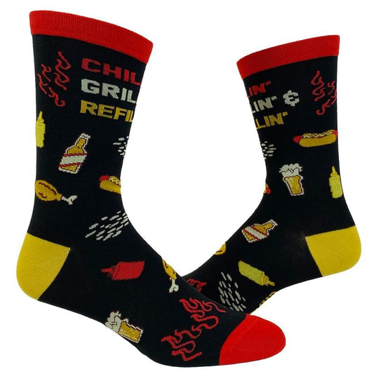 Men's Chillin Grillin and Refillin Socks Funny Backyard BBQ Novelty Graphic Footwear Funny Graphic Socks Comfortable Fitted Spandex Cotton