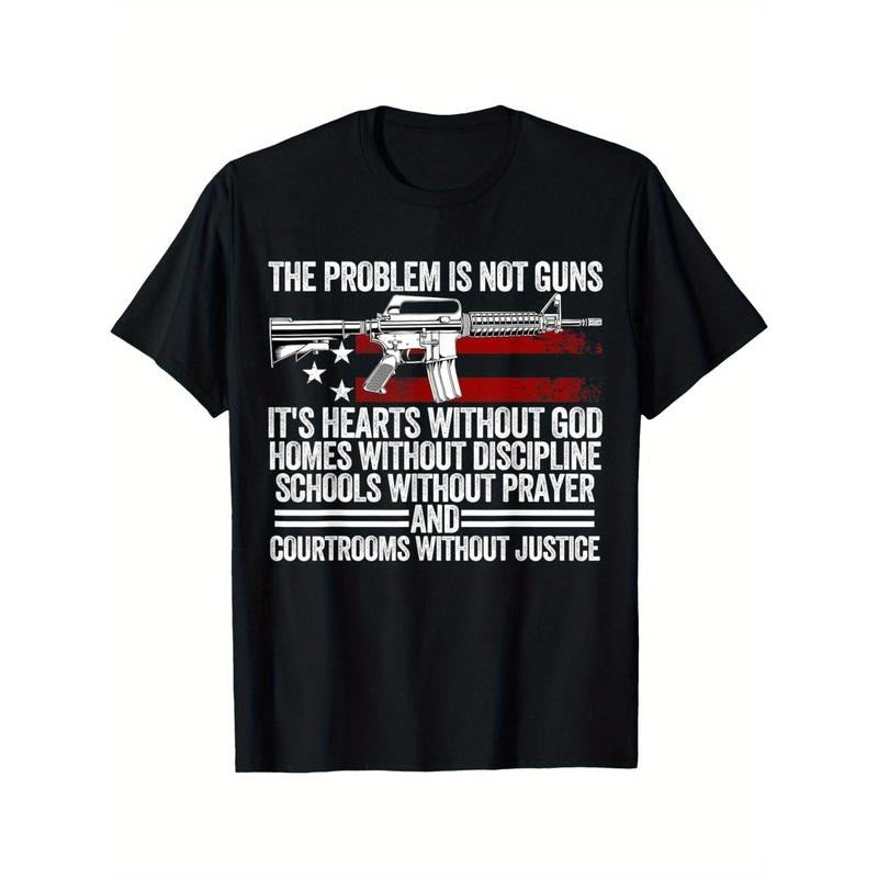 Men's Classic Print Short Sleeve T-Shirt - 100% Cotton, Round Neck, "The Problem Is Not Guns It's Hearts Without God" Slogan, Casual Style Made in USA