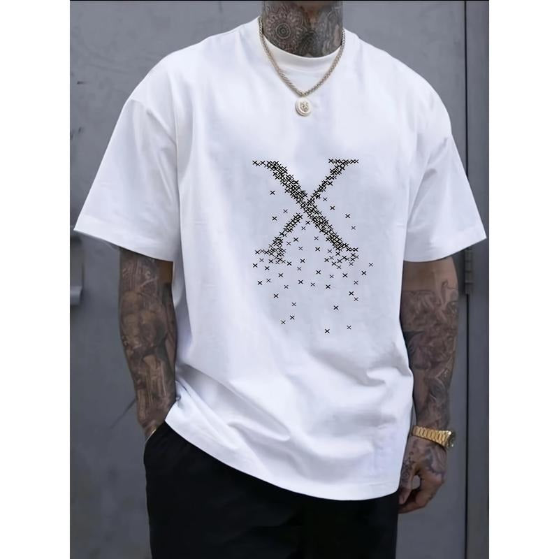 Men's Classic White Cotton T-Shirt with Stylish X-Letter Design - Soft, Breathable & Durable, Perfect for Summer | Fashionable & Versatile with Sophisticated Printing Techniques, Everyday Tshirt|Fashionable Casualwear|Soft Fabric Tee Made in USA
