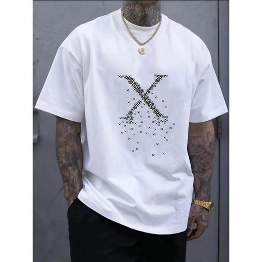 Men's Classic White Cotton T-Shirt with Stylish X-Letter Design - Soft, Breathable & Durable, Perfect for Summer | Fashionable & Versatile with Sophisticated Printing Techniques, Everyday Tshirt|Fashionable Casualwear|Soft Fabric Tee Made in USA