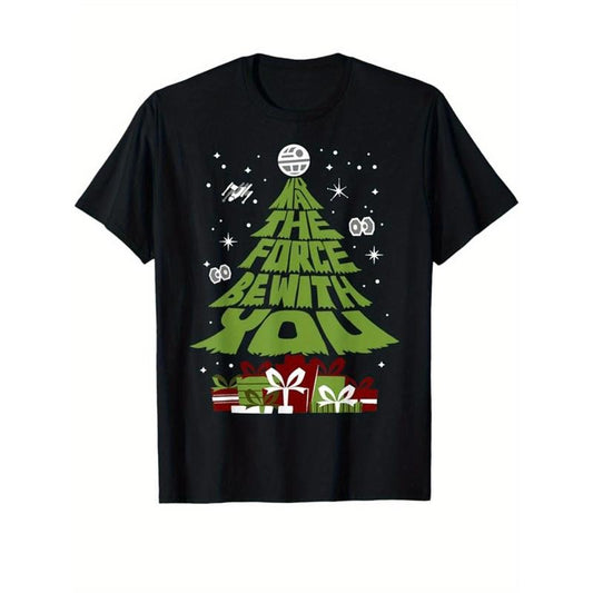 Men's Cotton Christmas Tree Print Graphic Tee, Casual Short Sleeve Crew Neck T-shirt, Xmas Outdoor Clothes, Gift For Men made in usa