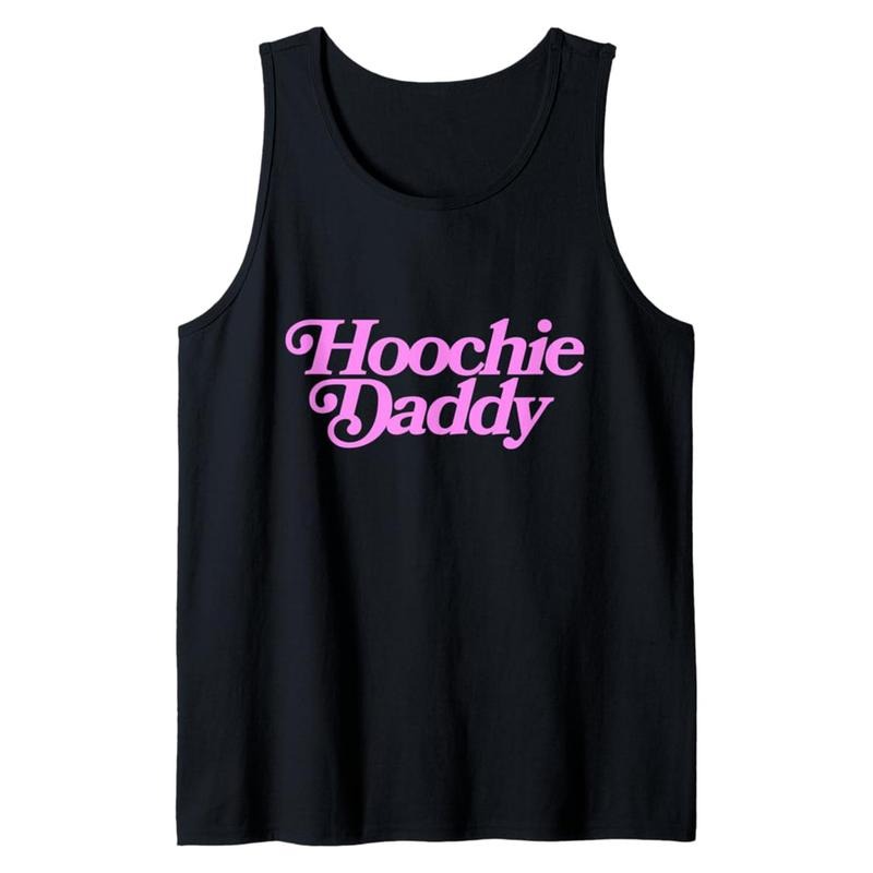 Men's Cotton Sleeveless Tank Top - "HOOCHIE DADDY" Graphic Print, Black with Pink Lettering, Casual Crew Neck, Lightweight & Breathable for Summer Outdoors, Summer Tank Tops
