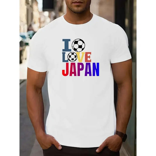 Men's Crew Neck T-Shirt with "I Love Japan" Soccer Ball Graphic, Casual Knit Fabric Top with Slight Stretch and Regular Fit, Patterned Alphabet Design made in USA