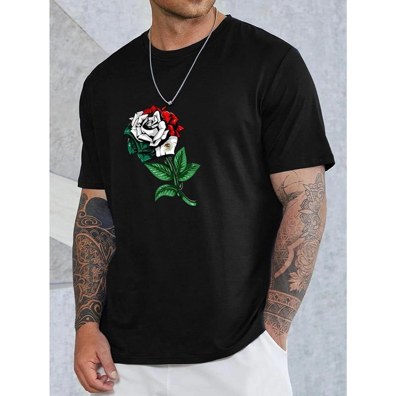 Men's Crew Neck T-Shirt with Rose Print - Polyester Knit Fabric Blend, Regular Fit for Weekend Casual Style, Sports-Inspired Graphic Tee for Adults with Slight Stretch - Summer Collection Made in USA