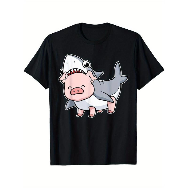 Men's Cute Pig Graphic Tee - 100% Cotton, Casual Round Neck T-Shirt with Geometric Design, Machine Washable - Perfect for All Seasons made in usa