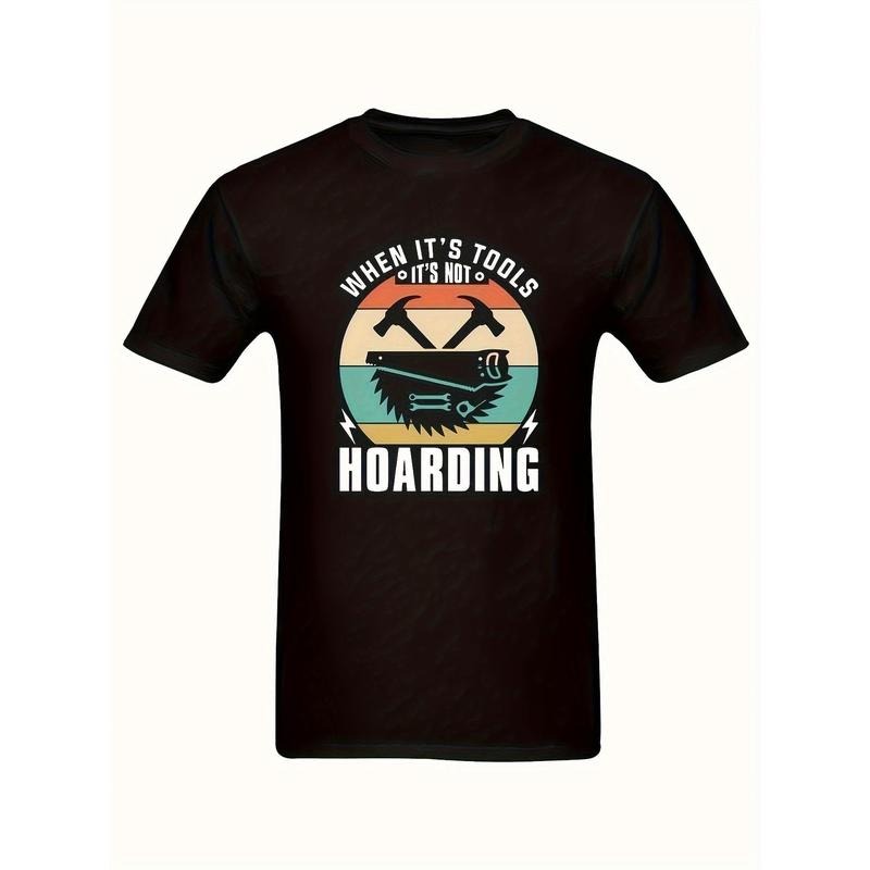 Men's DIY Enthusiast Black Cotton T-Shirt - 'WHEN IT'S TOOLS, IT'S NOT HOARDING' Slogan With Retro Hammer And Scissors Icon - Perfect For Handymen, Craftsmen, And Tool Collectors" made in usa
