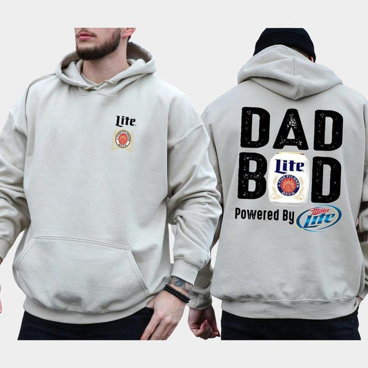 Men's Dad Bod Powered By Miller Lite 2-Sided Hoodie, Daddy's Beer Drinking Sweatshirt, Drink Tops for Dad, Casual Menswear, Classic Pullover