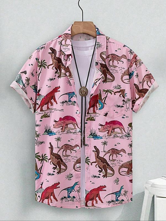 Men's Dinosaur Print Short Sleeve Shirt, Regular Fit Casual Cartoon Graphic Button Up Top for Beach Vacation, Fashion Men's Clothes for All Seasons, Menswear