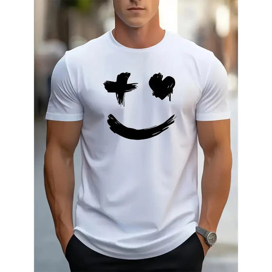 Men's Fashionable Smile Graphic Crew Neck Tees - Ultra-Soft, Breathable, Comfortable, Short Sleeve, Summer Essential T-Shirts for Casual Wear - Trendy Print Designs, Relaxed Fit, Versatile Style Made in USA