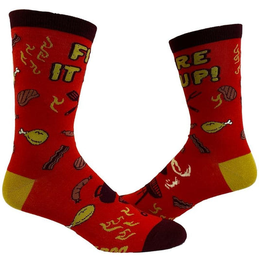 Men's Fire It Up Socks Funny Backyard Bar-B-Que Grilling Meat Graphic Novelty Footwear Funny Graphic Socks Comfortable Fitted Spandex Cotton