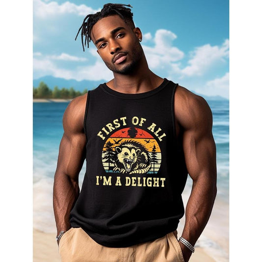Men's First Of All I'm A Delight Graphic Vest T-Shirt - 100% Cotton Casual Sleeveless Top with Bold Retro Print, Round Neck, Machine Washable, H Size, Black