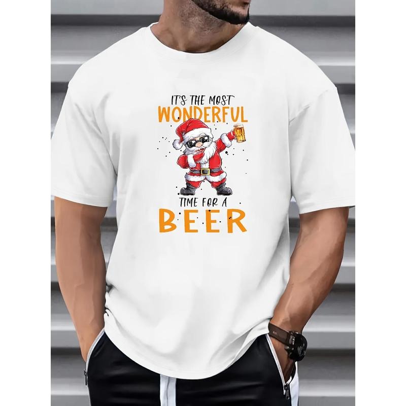 Men's Fun Santa Claus Drinking Beer Graphic Tee - Casual Cotton Blend, Short Sleeve, Round Neck T-Shirt for Summer Made in USA