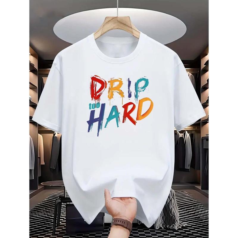 Men's Graphic T-Shirt "Drip Too Hard" Lettering, Colorful Print Casual Crew Neck Tee, Polyester Knit Fabric, Regular Fit Summer Shirt with Slight Stretch Made in USA