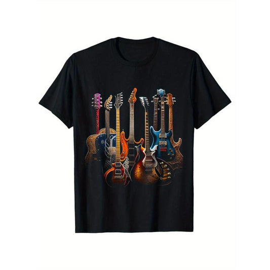 Men's Guitar Graphic Tee - Short Sleeve Crew Neck Cotton T-shirt for Outdoor Casual Wear with Comfortable Fit and Stylish Print Design made in usa