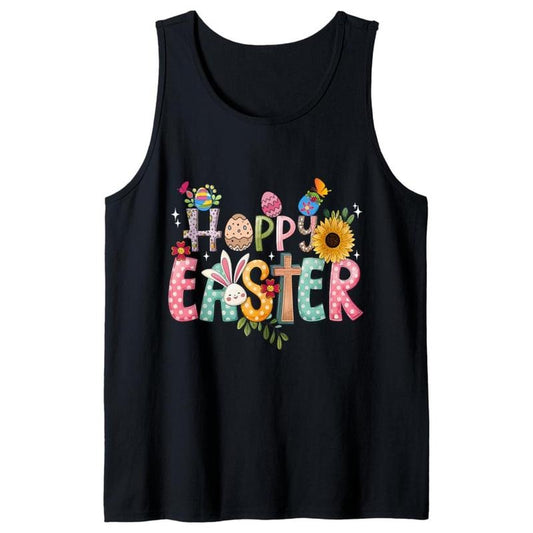 Men's Happy Easter Graphic Tank Top - 100% Cotton Sleeveless Crew Neck, Colorful Festive Design with Eggs, Bunnies & Flowers, Casual Summer Wear, Perfect for Outdoor Celebrations, Summer Tank Tops