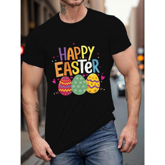 Men's Happy Easter T-Shirt, 100% Polyester Crew Neck Casual Tee, Geometric Pattern Short Sleeve Knit Fabric Top for Summer made in usa