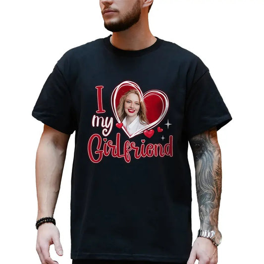 Men's I Love My Girlfriend Custom Photo Shirt, I Love My Gf T-shirt, I Heart My Girlfriend Tee, Valentine's Day Gifts for Him, Classic Cotton Menswear