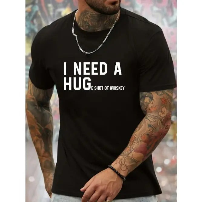 Men's I Need A Hug Graphic Print T-shirt, Summer Trendy Athletic Short Sleeve Tees For Males, Stylish Casual StyleMade in USA
