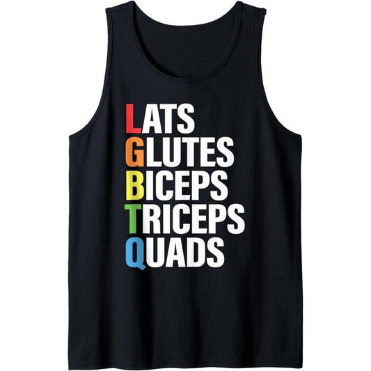 Men's LGBTQ Pride Muscle Tank Top - "LATS GLUTES BICEPS TRICEPS QUADS" Funny Graphic Design - Premium Cotton Blend, Breathable & Lightweight Sleeveless Shirt for Gym, Casual Wear & Summer Outings, Gym Shirts