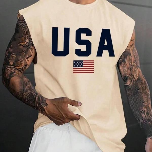 Men's Letter & Flag Print Round Neck Tank Top  Round Neck Tank Top, Regular Fit Graphic Casual Top for Summer, Men's Top for Daily Wearstyle{n002}2