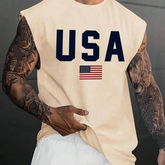 Men's Letter & Flag Print Round Neck Tank Top  Round Neck Tank Top, Regular Fit Graphic Casual Top for Summer, Men's Top for Daily Wearstyle{n002}2