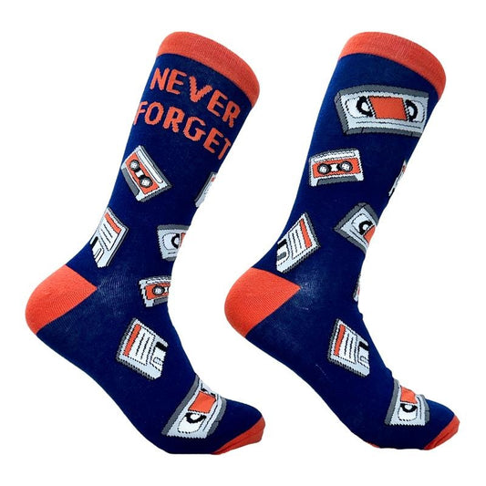 Men's Never Forget Me Socks Funny Retro VHS Tape Floopy Disk Old Tech Joke Footwear Funny Graphic Socks Comfortable Fitted Spandex Cotton