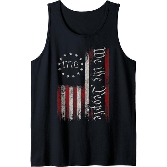 Men's Patriotic 1776 American Flag Tank Top - Sleeveless Cotton Knit Vest, "We The People" Print, Black, Casual Pullover for All Seasons, Casual Wear Tank | Sleeveless Pullover | Cotton Knit Fabric, Cotton Tank Top
