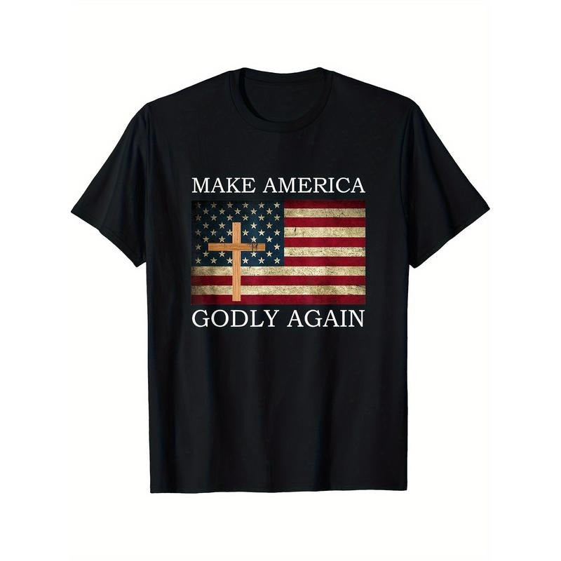 Men's Patriotic American Flag & Cross Jesus Graphic Tee - Casual Cotton Hooded T-Shirt, Machine Washable made in usa