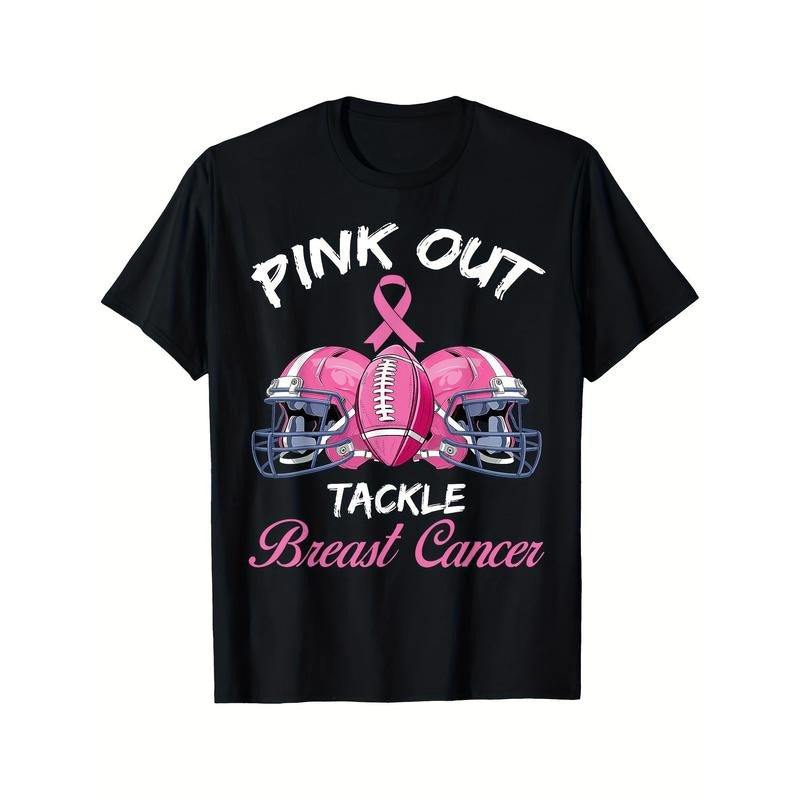Men's Pink Out Tackle Breast Cancer Awareness American Football Printed T-shirt, Comfortable Casual Short Sleeve for Daily Wear, All Season, Black Made in USA