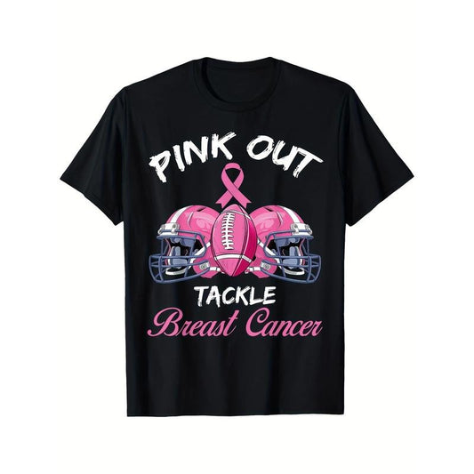 Men's Pink Out Tackle Breast Cancer Awareness American Football Printed T-shirt, Comfortable Casual Short Sleeve for Daily Wear, All Season, Black Made in USA