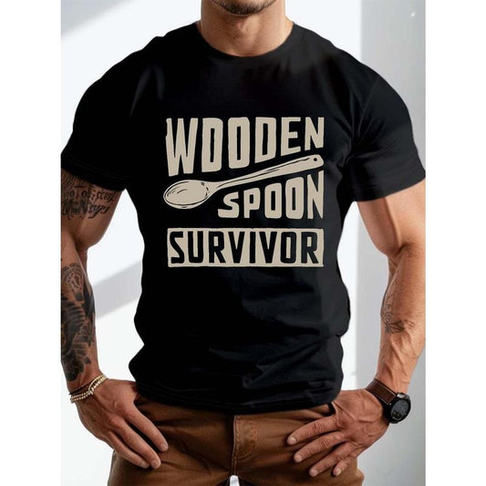 Men's Plus Size Casual T-Shirt With "Wooden Spoon Survivor" Graphic Print, Short Sleeve Crew Neck Summer Trendy Top For Daily Wear, Big & Tall, 1 pc, 100% cotton T-shirt made in usa
