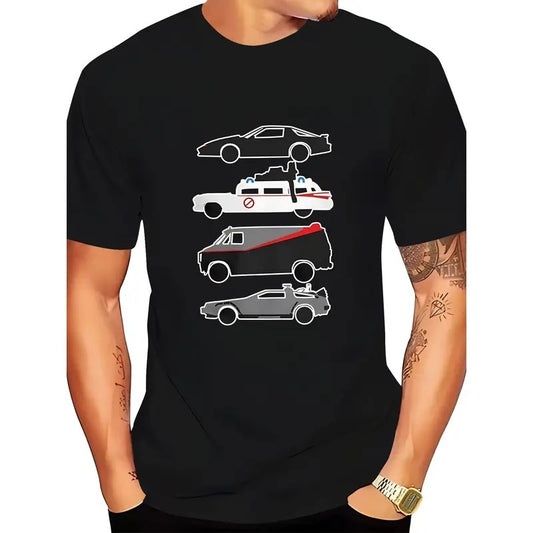 Men's Premium Casual Graphic Tee - Stylish Black Short Sleeve T-Shirt with Unique Car Print, Round Neck, Summer Fashion, Machine Washable, Cotton & Elastane Blend Made in USA