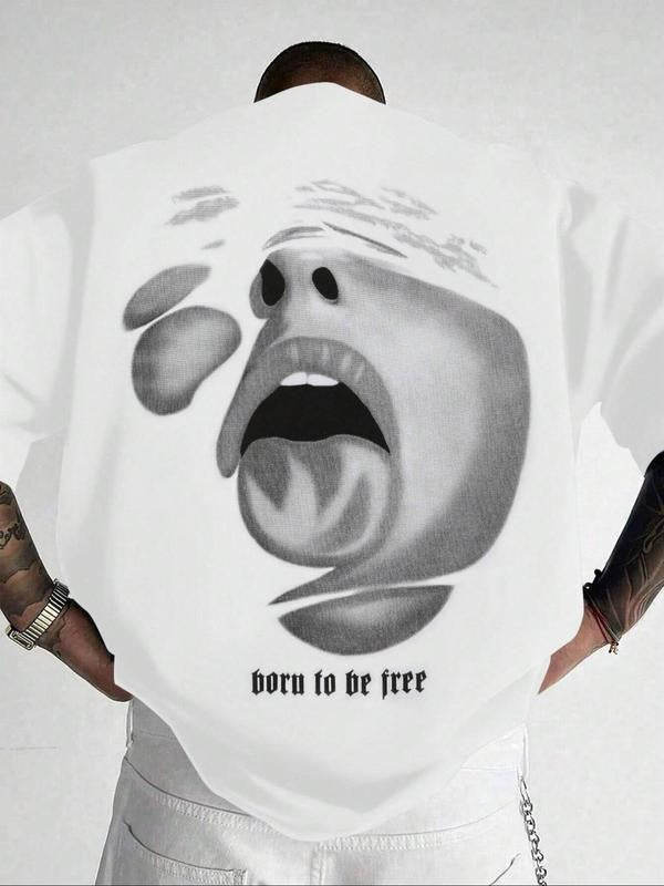 Men's Regular Fit Face Print Round Neck Graphic Tee, Casual Short Sleeve Crew Neck T-shirt for Summer, Fashion Men's Top for Daily Wear, Tropical