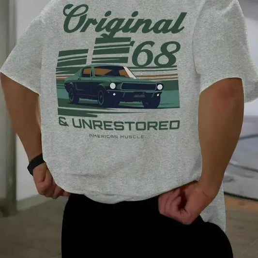 Men's Regular Fit Vintage Car & Letter Print Round Neck Short Sleeve Tee, Casual Short Sleeve Crew Neck T-shirt for Daily Streetwear Top Vintage Tee